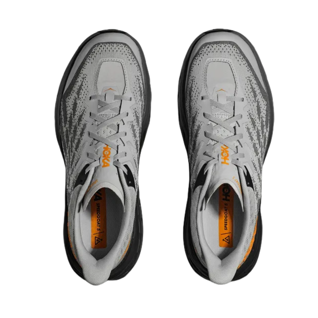 Top view of Men’s Speedgoat 5 trail running shoe in harbor mist and black – featuring padded tongue and collar for ankle support, moisture-wicking lining to keep feet dry and healthy, and secure lace-up closure for locked-in fit.