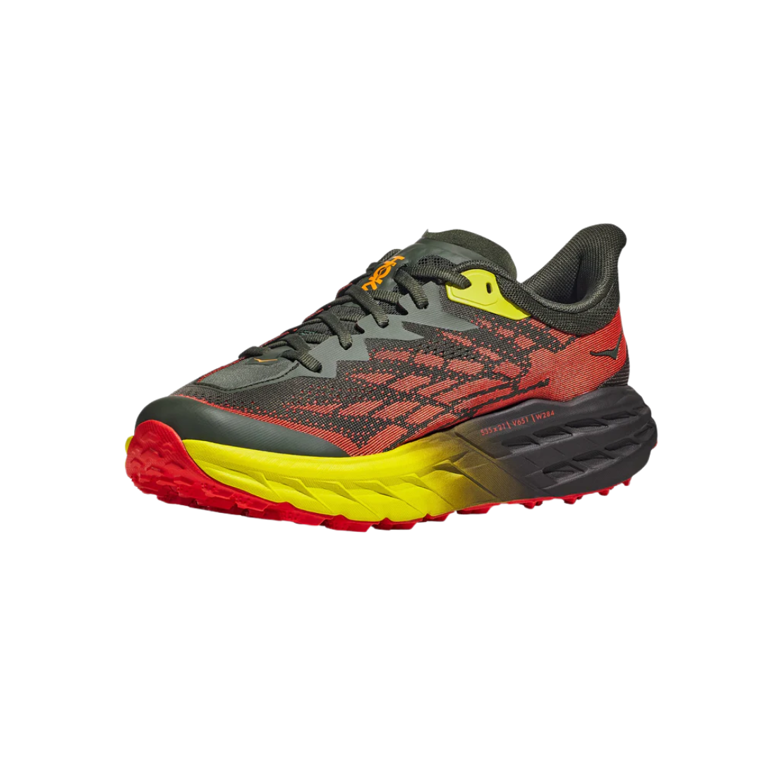 Angled view of Men’s Speedgoat 5 trail running shoe in thyme and fiesta – featuring ergonomic footbed with anatomical arch support to alleviate plantar fasciitis and neuropathy discomfort, breathable mesh panels for ventilation, and cushioned heel for impact protection.