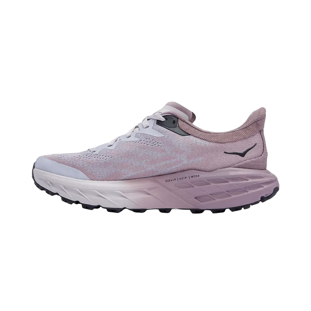 Side View of Women’s HOKA Speedgoat 5 Trail Running Shoe in Elderberry/Lilac Marble – Features include CMEVA midsole for lightweight cushioning, breathable double-layer jacquard mesh upper, and Vibram® Megagrip outsole for confident grip on technical terrain.