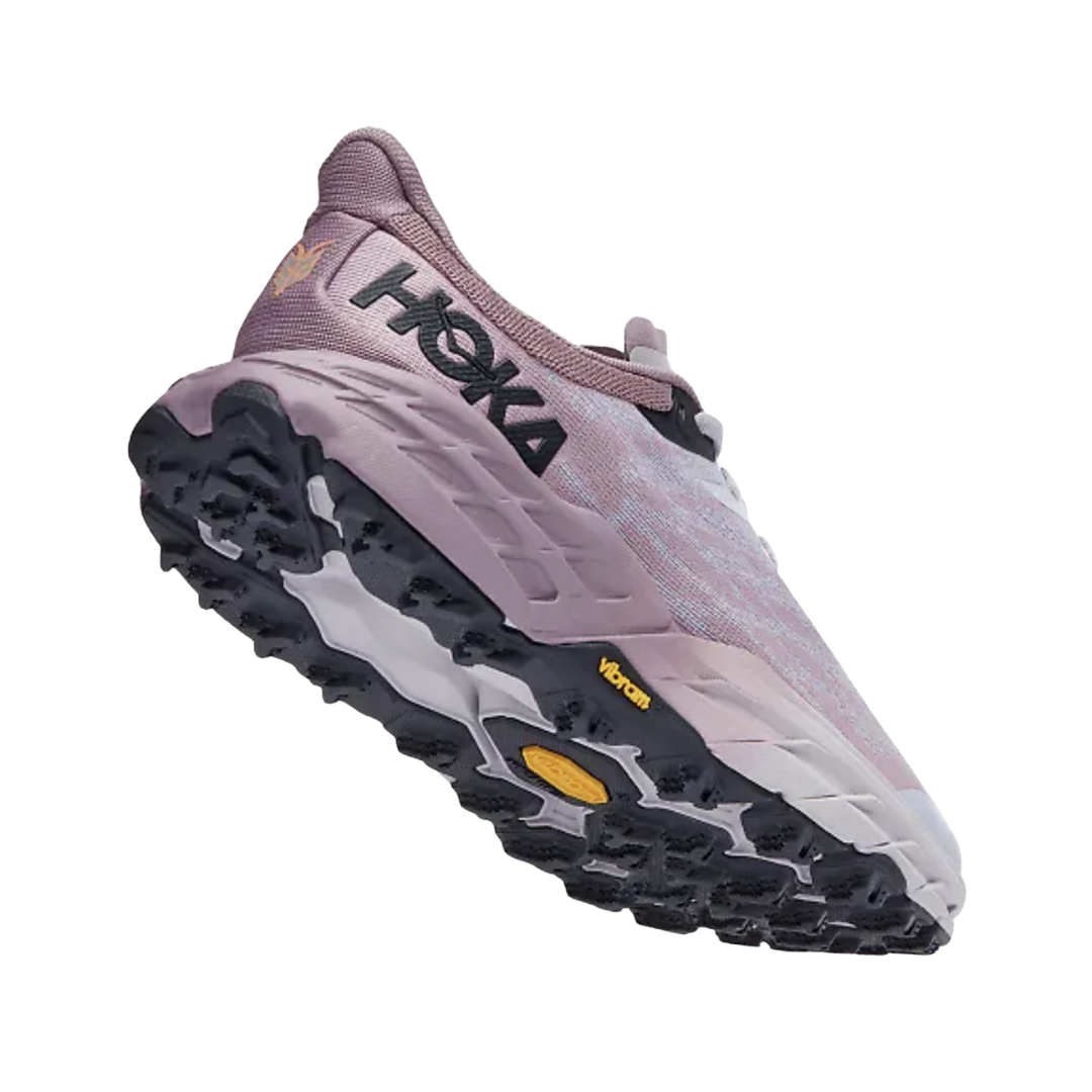 Angled View of Women’s HOKA Speedgoat 5 Trail Running Shoe in Elderberry/Lilac Marble – Features include Vibram® Megagrip outsole for superior traction, lightweight mesh upper for breathable durability, and CMEVA midsole for cushioned trail performance.
