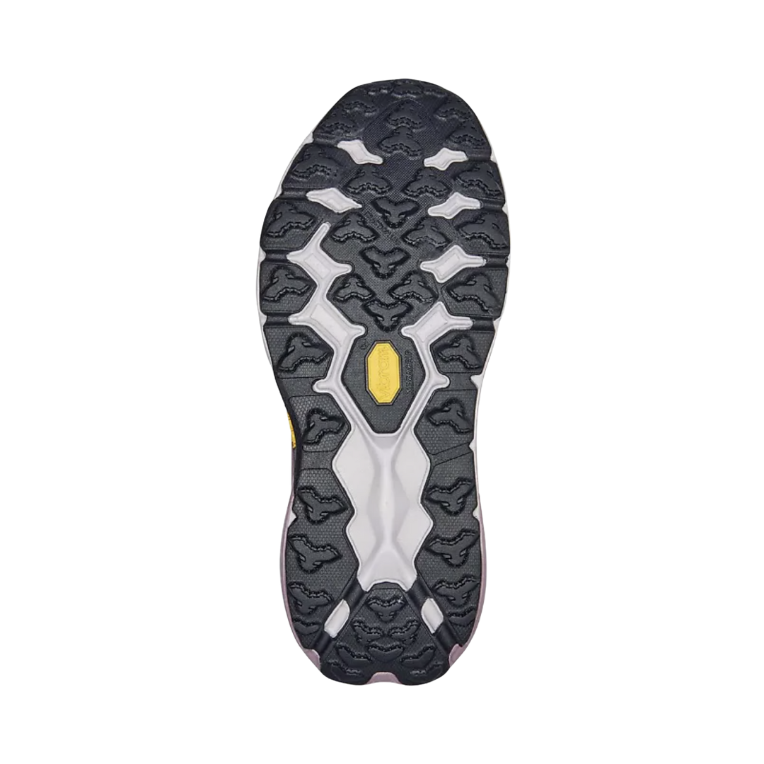 Bottom View of Women’s HOKA Speedgoat 5 Trail Running Shoe in Elderberry/Lilac Marble – featuring Vibram® Megagrip rubber outsole with aggressive 5mm lugs, zonal traction for varied surfaces, and extended heel for added control on descents.