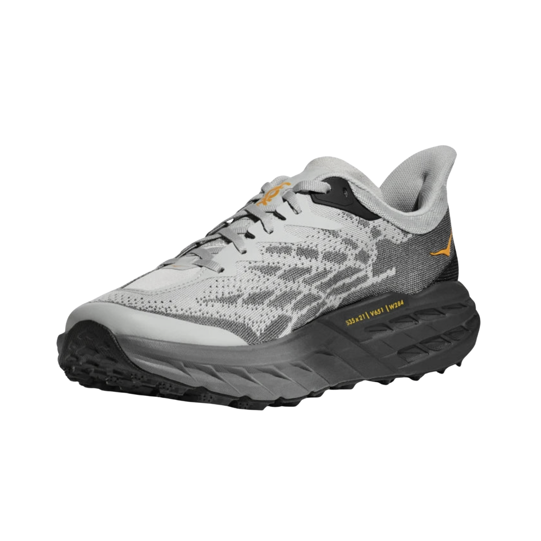 Angled View of Men’s HOKA Speedgoat 5 Trail Running Shoe in Harbor Mist/Black – featuring lightweight cushioned midsole, durable trail-ready upper, and aggressive lugged outsole for all-terrain performance.