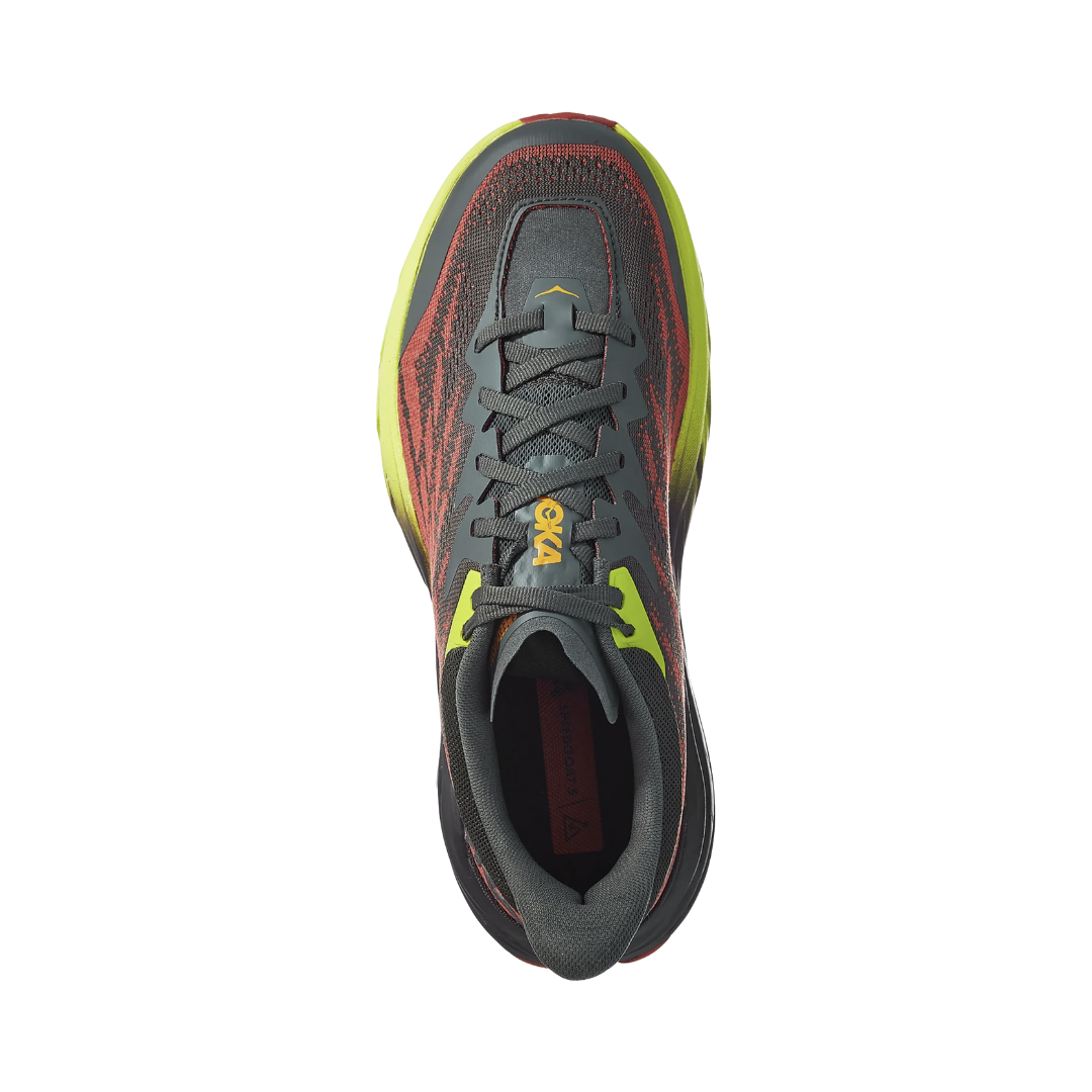 Top View of Men’s HOKA Speedgoat 5 Trail Running Shoe in Thyme/Fiesta – featuring breathable engineered mesh upper, gusseted tongue to block debris, and secure lacing system for a locked-in fit.