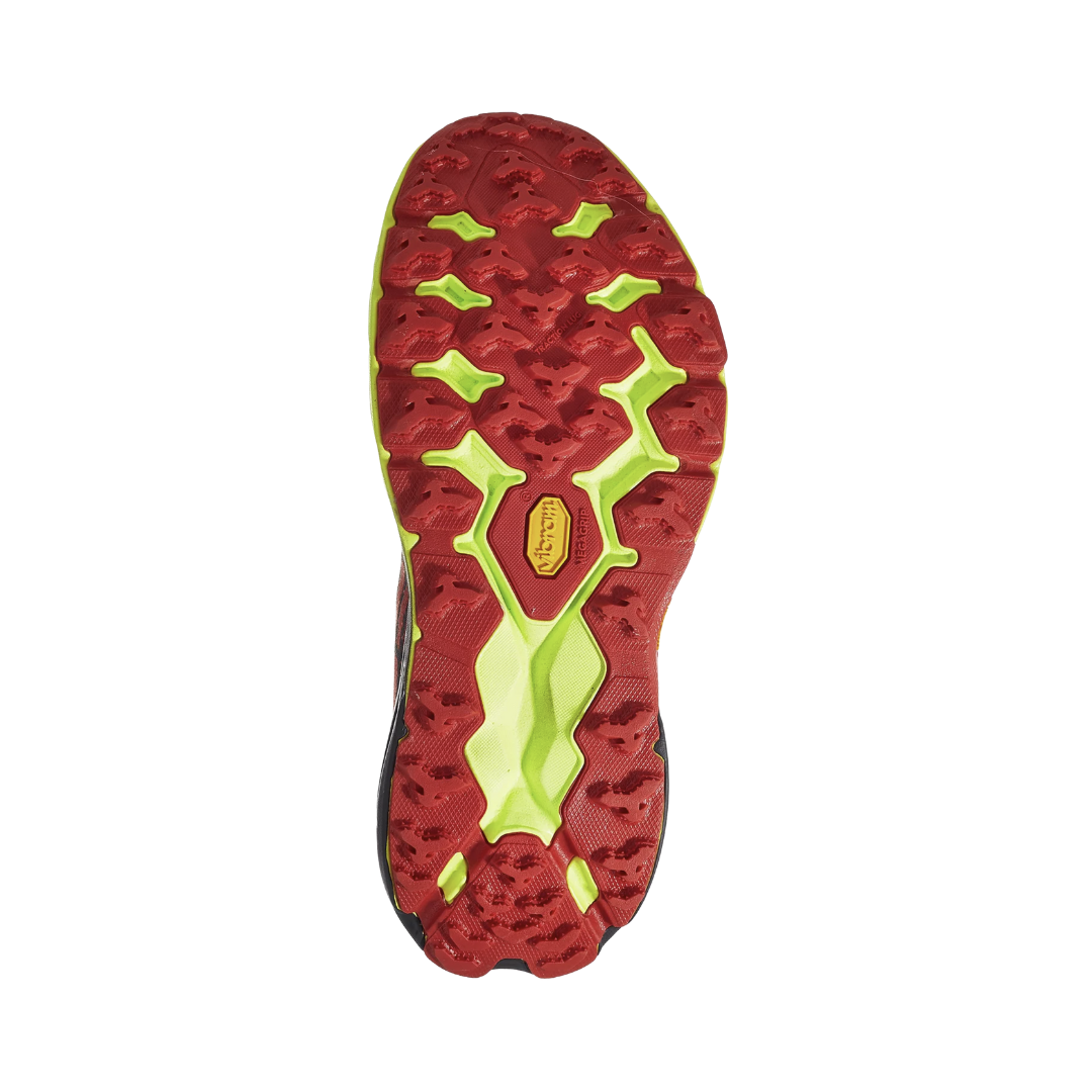 Bottom View of Men’s HOKA Speedgoat 5 Trail Running Shoe in Thyme/Fiesta – featuring Vibram® Megagrip rubber outsole with aggressive 5mm lugs, zonal traction for varied surfaces, and extended heel for added control on descents.
