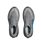 Top view of Men’s Hoka Speedgoat 6 trail running shoe in galactic grey and Hoka blue – featuring padded tongue and collar for ankle support, moisture-wicking lining to keep feet dry and healthy, and secure lace-up closure for locked-in fit.