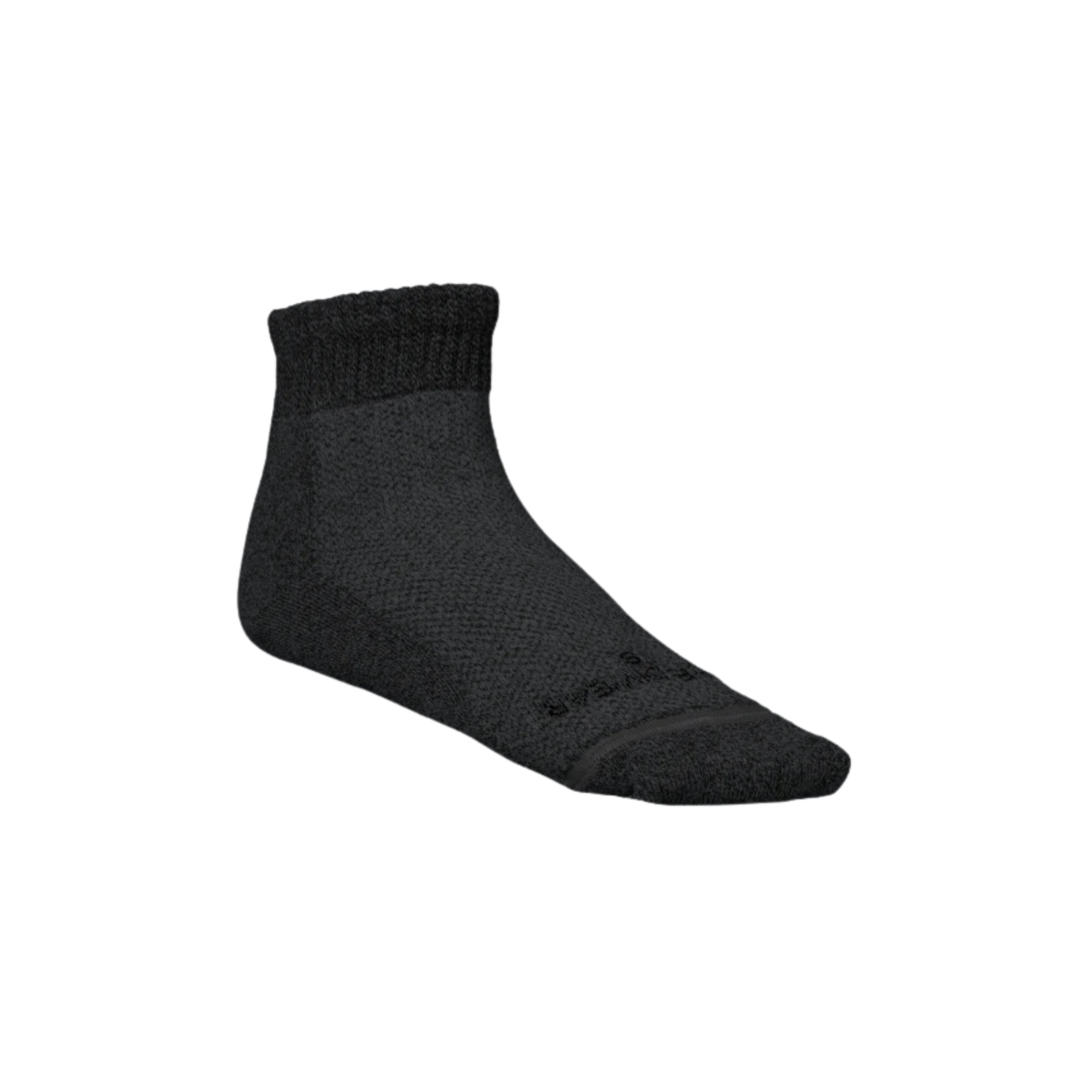 Side view of Unisex Incrediwear Circulation quarter socks in all black— featuring temperature-regulating fabric for all-day comfort, breathable stretch knit for a secure fit, and natural circulation-boosting fibers designed to reduce swelling and fatigue.