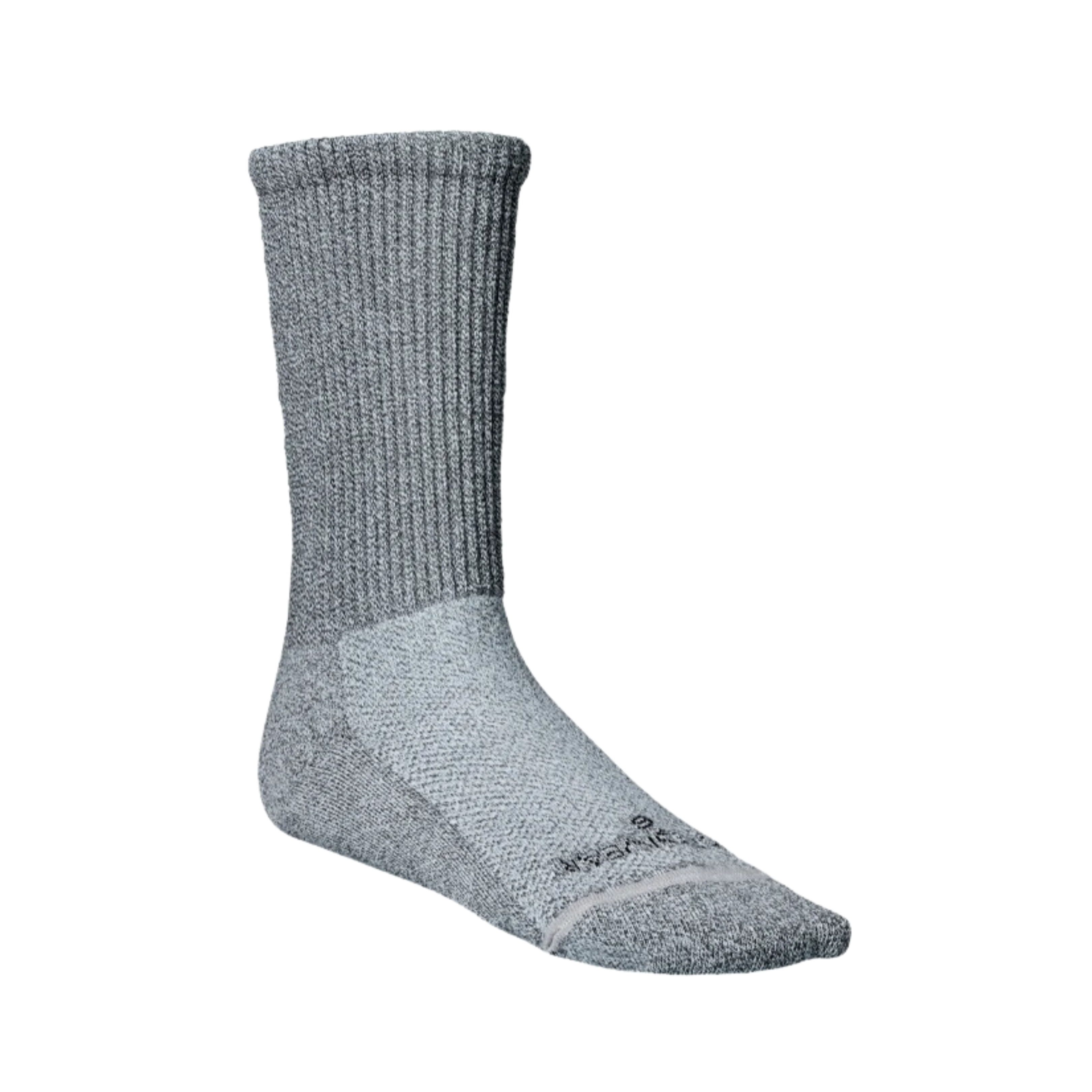 Side view of Unisex Incrediwear Circulation crew socks in all grey — featuring a tall crew cut for full ankle and lower-leg support, embedded carbon and germanium for infrared therapy, ribbed compression zones, and ultra-soft fabric for everyday performance and recovery use.