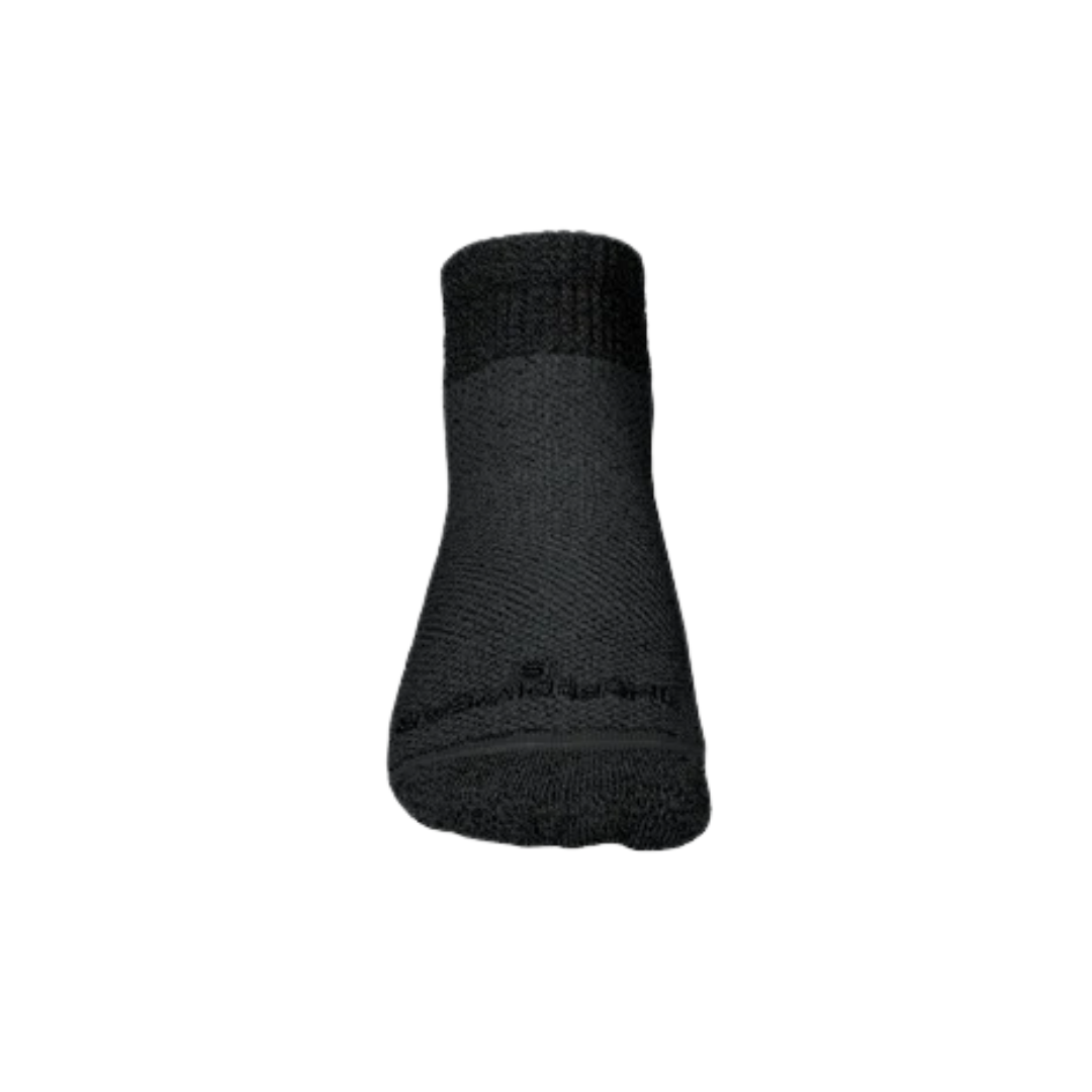 Front View of Incrediwear Circulation Ankle Socks in black – featuring arch and ankle compression zones, breathable lightweight material, and reinforced cushioning for durability.