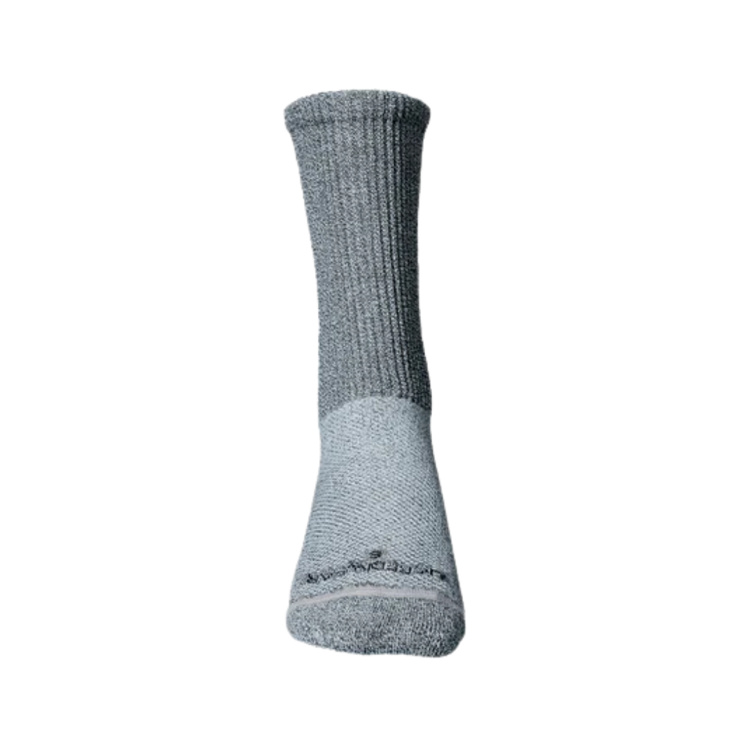 Front View of Incrediwear Circulation Crew Socks in grey – featuring enhanced compression for circulation support, breathable fabric, and padded footbeds to reduce fatigue.
