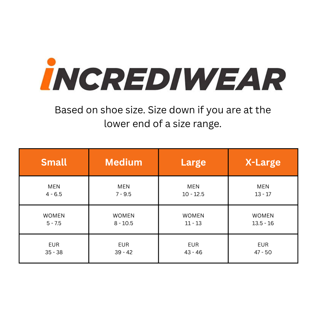 Incrediwear size chart for shoes on a white background