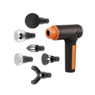 Side view of the Jawku Muscle Blaster Chrome percussion massage gun, featuring a sleek metallic finish, ergonomic handle with textured grip, circular power button, and a removable round massage head designed for targeted muscle relief.