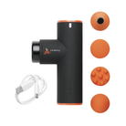 Side view of Jawku Muscle Blaster Mini Gun – featuring a compact, ergonomic design with a textured grip handle for secure hold, adjustable speed settings dial, a rechargeable battery compartment, and interchangeable massage heads for targeted muscle recovery and deep tissue relief.