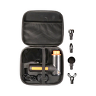 Top View of Jawku Muscle Blaster Chrome in black and orange – featuring multiple interchangeable massage head attachments for targeted muscle relief, a streamlined ergonomic handle for user comfort, and four LED indicators displaying power and battery status.