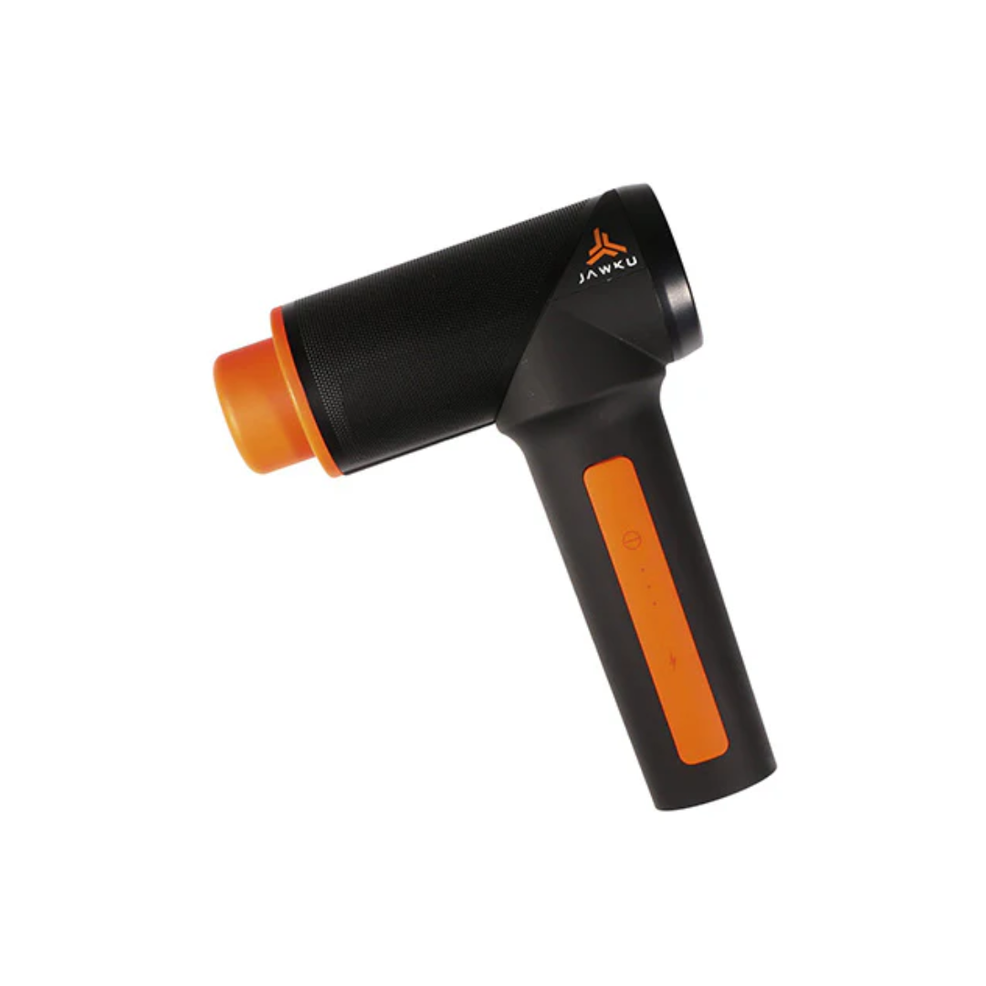 Angled View of Jawku Muscle Blaster Chrome in black and orange – featuring a cylindrical massage head, ergonomic handle with control buttons and LED indicators, and compact design for targeted muscle relief.