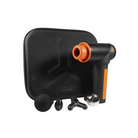Side View of Jawku Muscle Blaster Chrome in black and orange – featuring multiple interchangeable massage head attachments for targeted muscle relief, a streamlined ergonomic handle for user comfort, and four LED indicators displaying power and battery status.