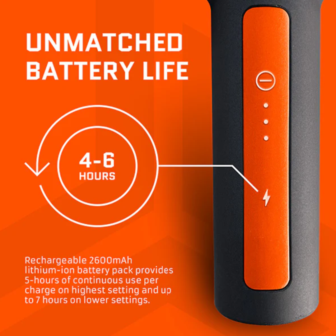 Jawku Muscle Blaster Chrome in black and orange displaying a rechargeable device with the text “Unmatched Battery Life” and a visual indicator showing 4–6 hours. The device features a power button with LED indicators. Caption below states: “Rechargeable 2600mAh lithium-ion battery pack provides 5-hours of continuous use per charge on highest setting and up to 7 hours on lower settings.”