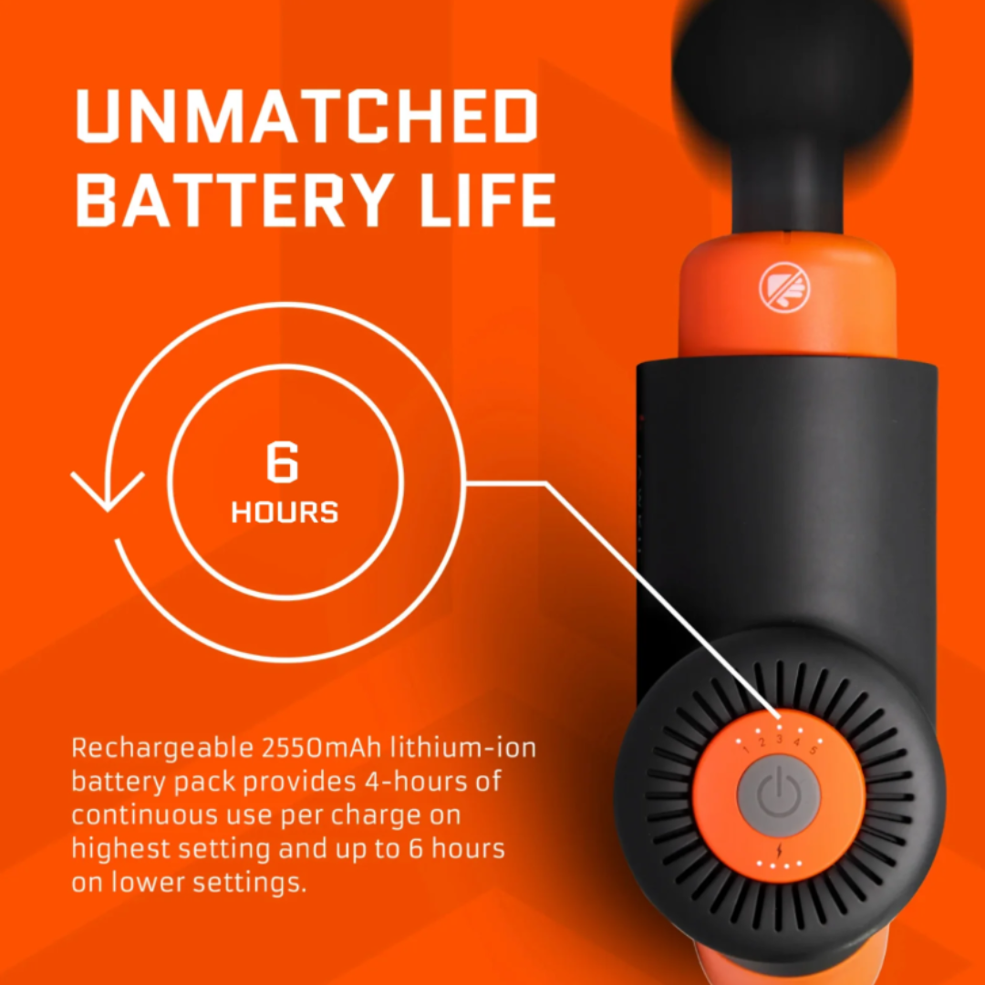 Top View of Jawku Muscle Blaster Mini showing power dial – featuring an orange and black design, circular power button with LED speed indicators, and text highlighting “Unmatched Battery Life” with a 2550mAh lithium-ion battery providing up to 6 hours of use.