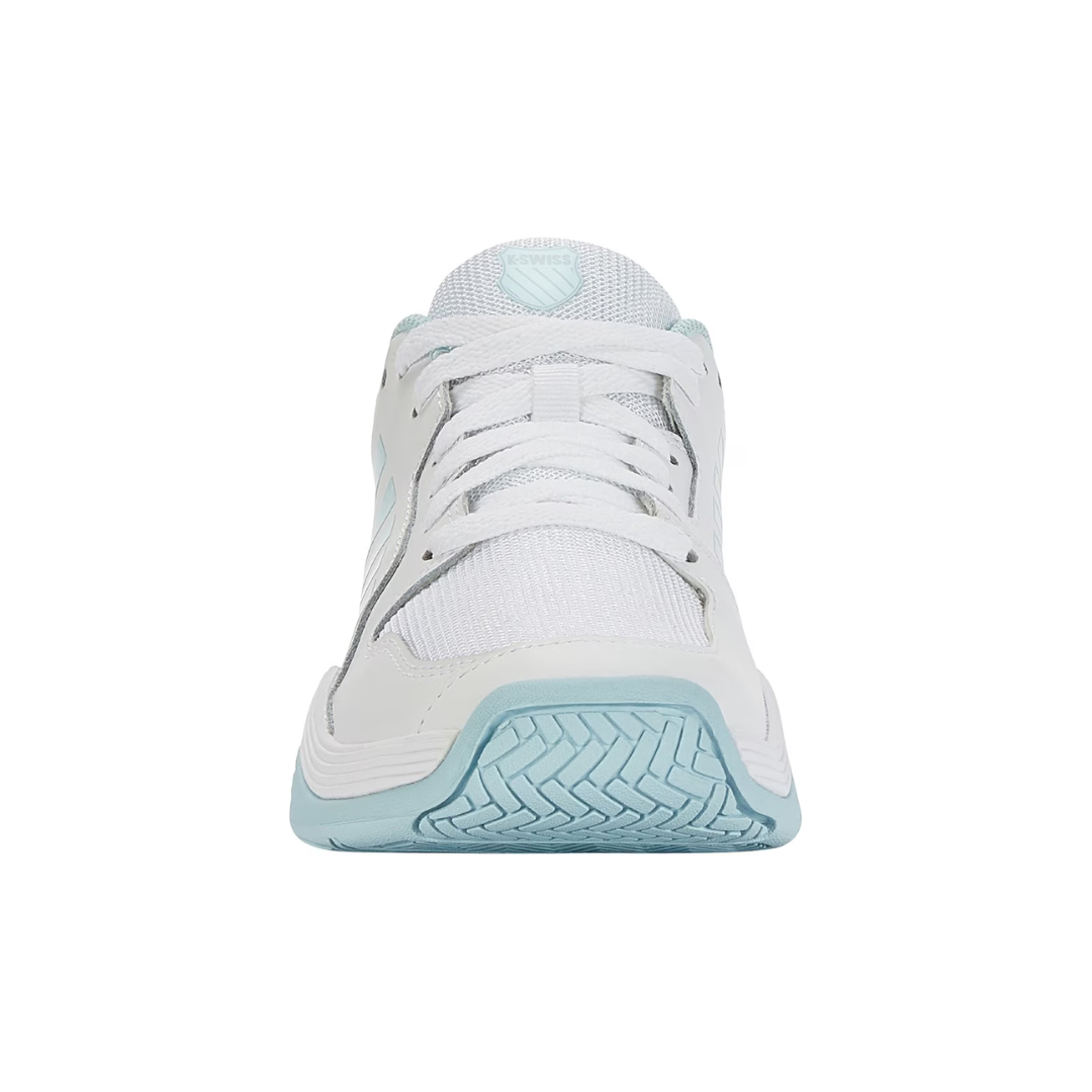Front view of Women’s Court Express Pickleball in White/Blue – featuring a breathable mesh toe box with synthetic leather overlays, traditional lacing system, and reinforced toe cap designed for quick court movements.