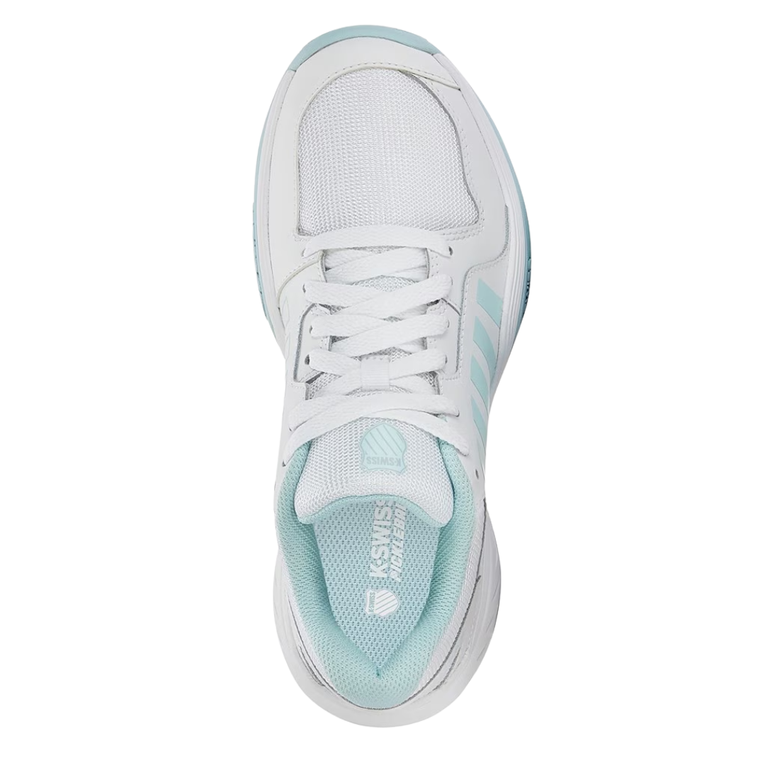 Top view of Women’s Court Express Pickleball in White/Blue – displaying the streamlined lace-up closure, ventilated mesh tongue, and crisp white upper with light blue detailing for a fresh, sporty look.