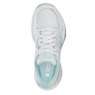 Top view of Women’s Court Express Pickleball in White/Blue – displaying the streamlined lace-up closure, ventilated mesh tongue, and crisp white upper with light blue detailing for a fresh, sporty look.