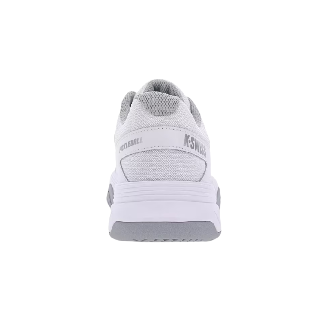 Back view of Men’s Court Express Pickleball in White/Highrise – showing the padded heel collar, pull tab, and contrasting grey heel detail for added support and secure ankle fit on court.
