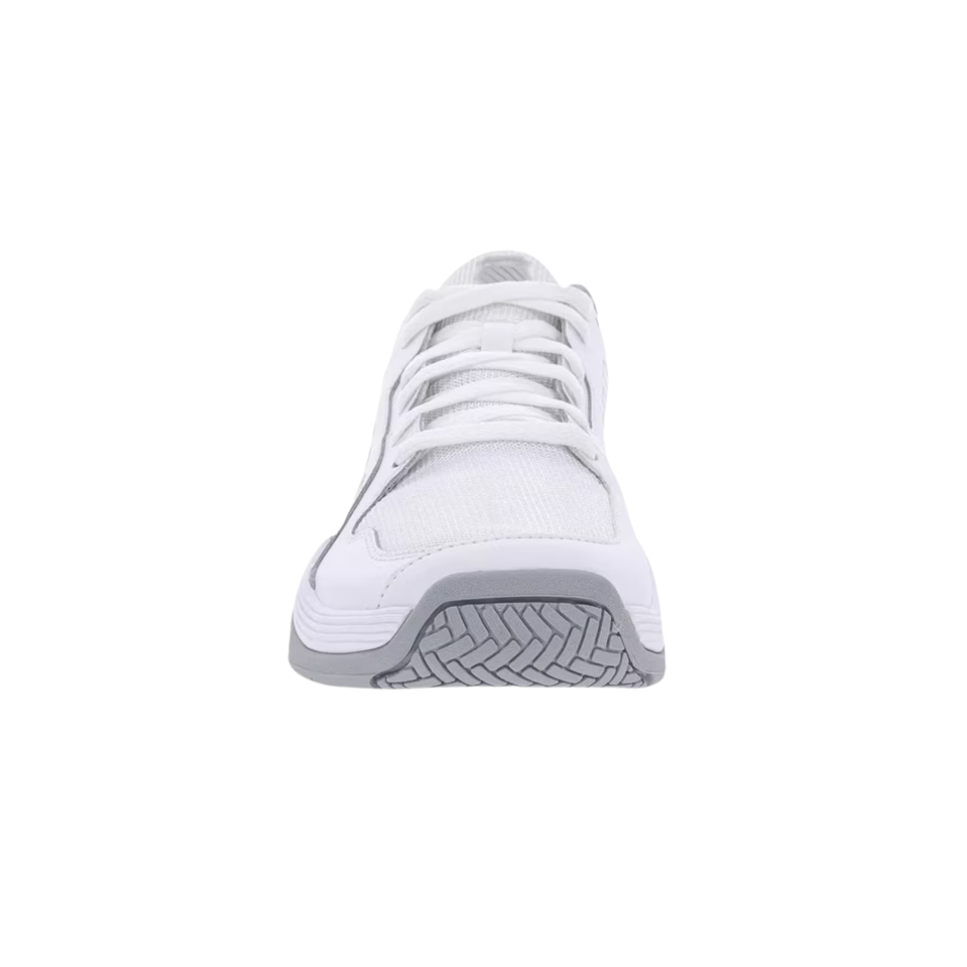 Front view of Men’s Court Express Pickleball in White/Highrise – featuring a reinforced toe cap, breathable mesh panels, and synthetic leather overlays for durability and ventilation during high-movement play.