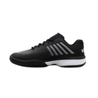Side view of Men’s K-Swiss Hypercourt Express 2 in Black/White/Highrise – showcasing breathable mesh construction with synthetic support layers, a cushioned Surgelite midsole, and signature 5-stripe branding for athletic versatility.