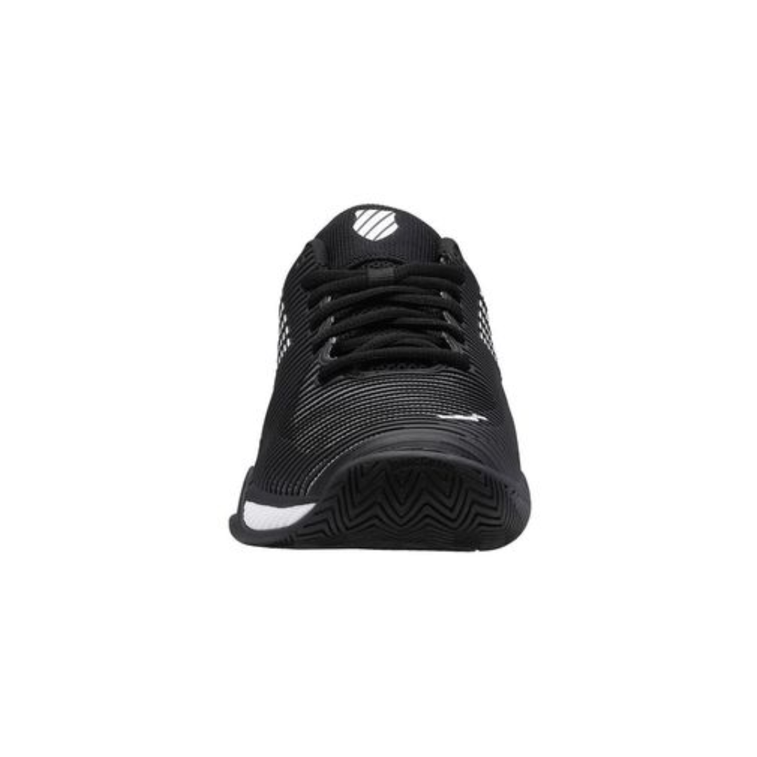 Front view of Men’s K-Swiss Hypercourt Express 2 in Black/White/Highrise – featuring a rounded toe with Durawrap Flex overlay for added support, breathable mesh base, and secure lace-up system built for agility and comfort on the court.