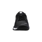 Front view of Men’s K-Swiss Hypercourt Express 2 in Black/White/Highrise – featuring a rounded toe with Durawrap Flex overlay for added support, breathable mesh base, and secure lace-up system built for agility and comfort on the court.