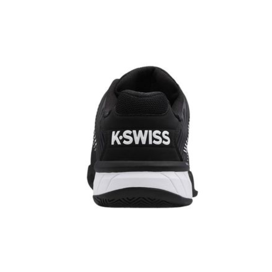 Back view of Men’s K-Swiss Hypercourt Express 2 in Black/White/Highrise – showing a padded heel collar, external TPU heel counter for stability, and layered design in black with highrise grey and white accents.