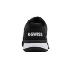 Back view of Men’s K-Swiss Hypercourt Express 2 in Black/White/Highrise – showing a padded heel collar, external TPU heel counter for stability, and layered design in black with highrise grey and white accents.