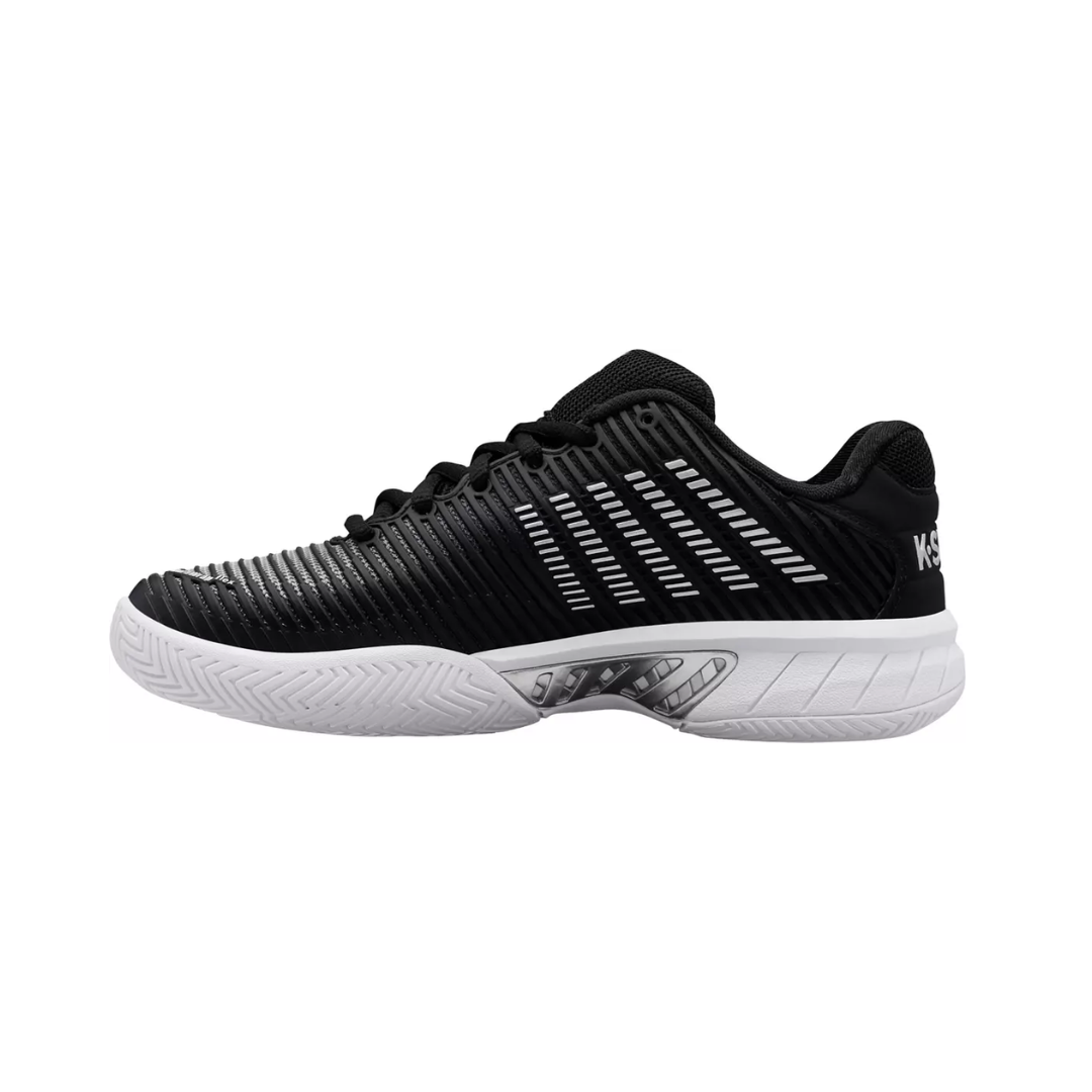 Side view of Women’s Hypercourt Express 2 in Black/White/Silver – showcasing the engineered mesh construction, Surgelite midsole for responsive cushioning, and sleek layered design for performance and style.