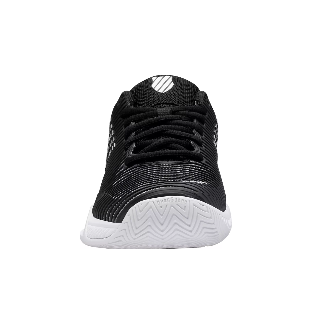 Front view of Women’s Hypercourt Express 2 in Black/White/Silver – featuring a rounded toe with Durawrap Flex material for lightweight support, mesh underlays for breathability, and a secure lace-up system built for high-performance tennis play.