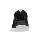 Front view of Women’s Hypercourt Express 2 in Black/White/Silver – featuring a rounded toe with Durawrap Flex material for lightweight support, mesh underlays for breathability, and a secure lace-up system built for high-performance tennis play.