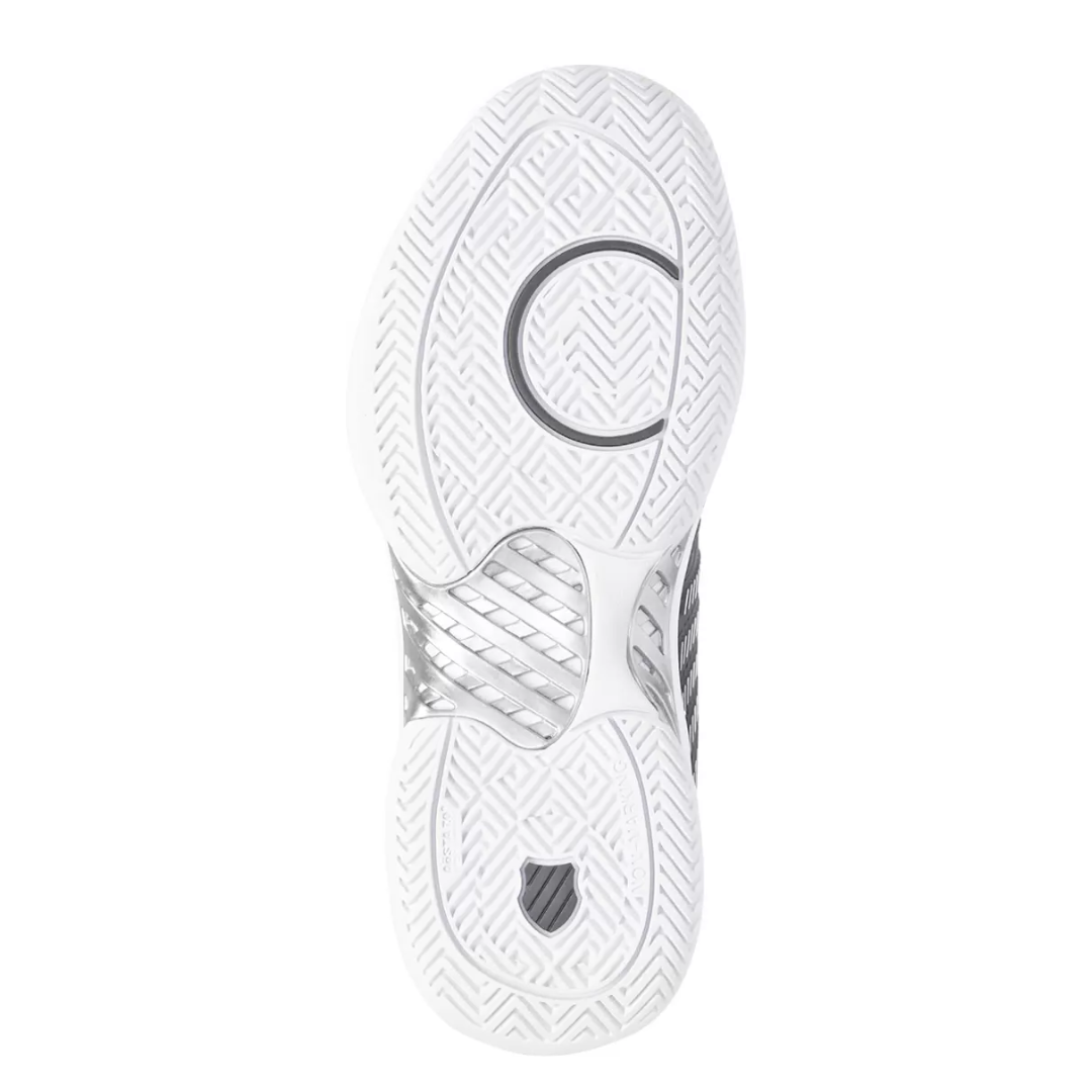 Bottom view of Women’s Hypercourt Express 2 in Black/White/Silver – highlighting a non-marking AÖSTA 7.0 rubber outsole with modified herringbone tread for durable traction on all court surfaces.