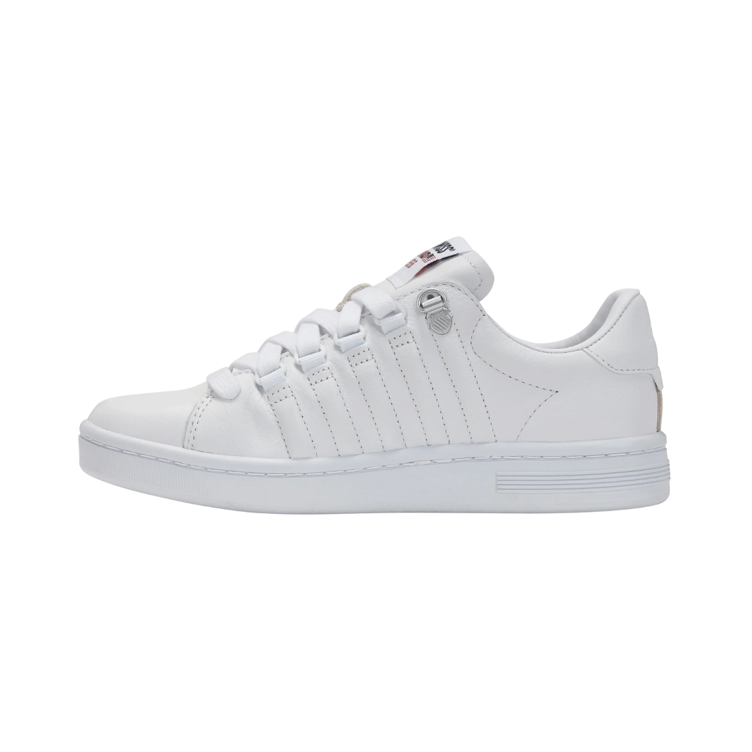 Side view of Women’s Lozan II in White/White/White – showcasing the smooth leather panels, stitched side stripes, and retro-inspired court design, elevated with a clean triple-white colorway.