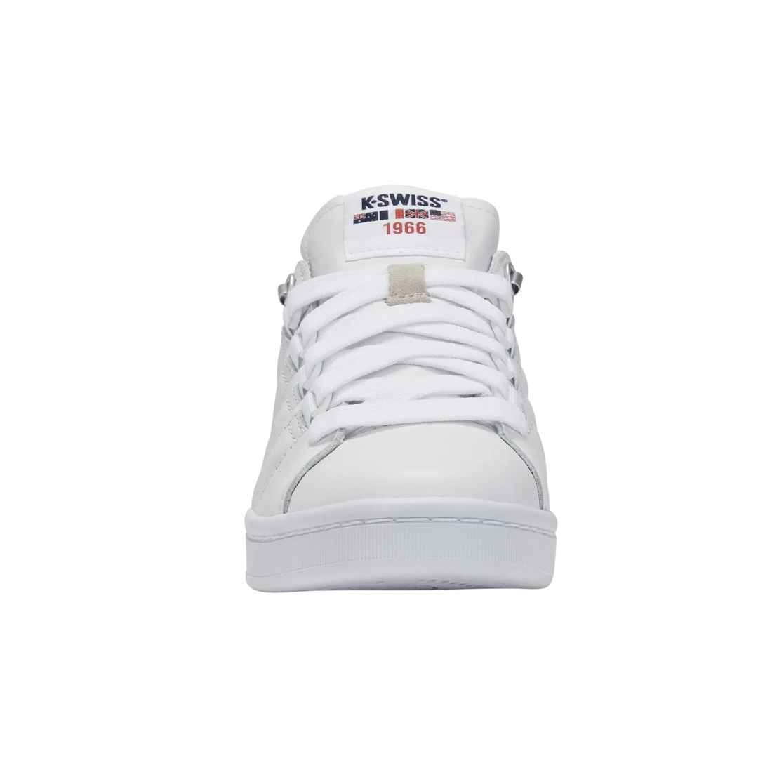 Front view of Women’s Lozan II in White/White/White – featuring a smooth leather upper with a rounded toe, tonal stitching, and a clean lace-up closure for a sleek, all-white lifestyle sneaker look.