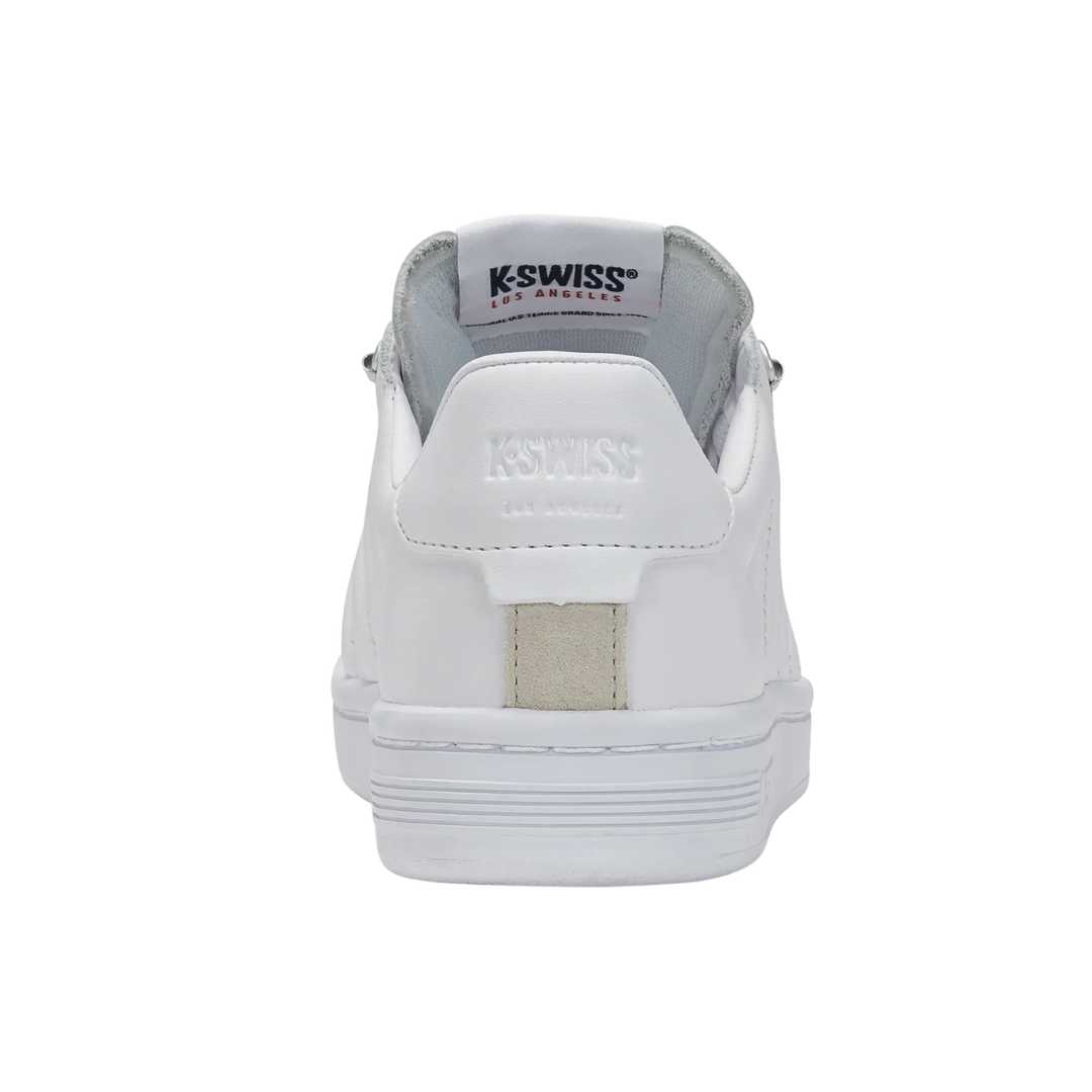 Back view of Women’s Lozan II in White/White/White – showing a padded heel collar, minimalist heel tab, and embossed branding for subtle detail on a crisp all-white leather finish.