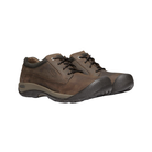 Side View of Men’s Keen Austin Waterproof casual shoe in chocolate brown and black olive – featuring full-grain leather upper, waterproof membrane, and cushioned support.