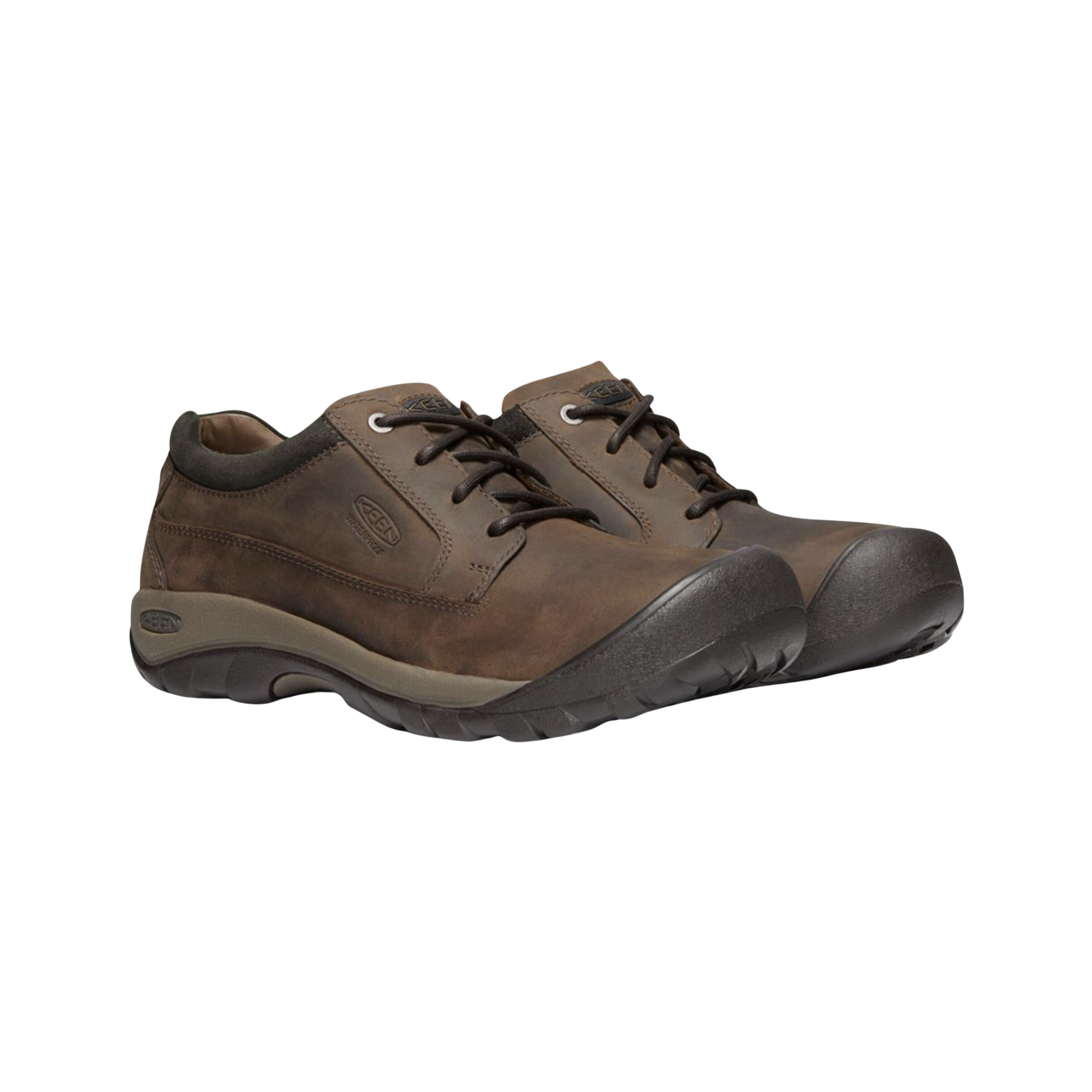 Side View of Men’s Keen Austin Waterproof casual shoe in chocolate brown and black olive – featuring full-grain leather upper, waterproof membrane, and cushioned support.