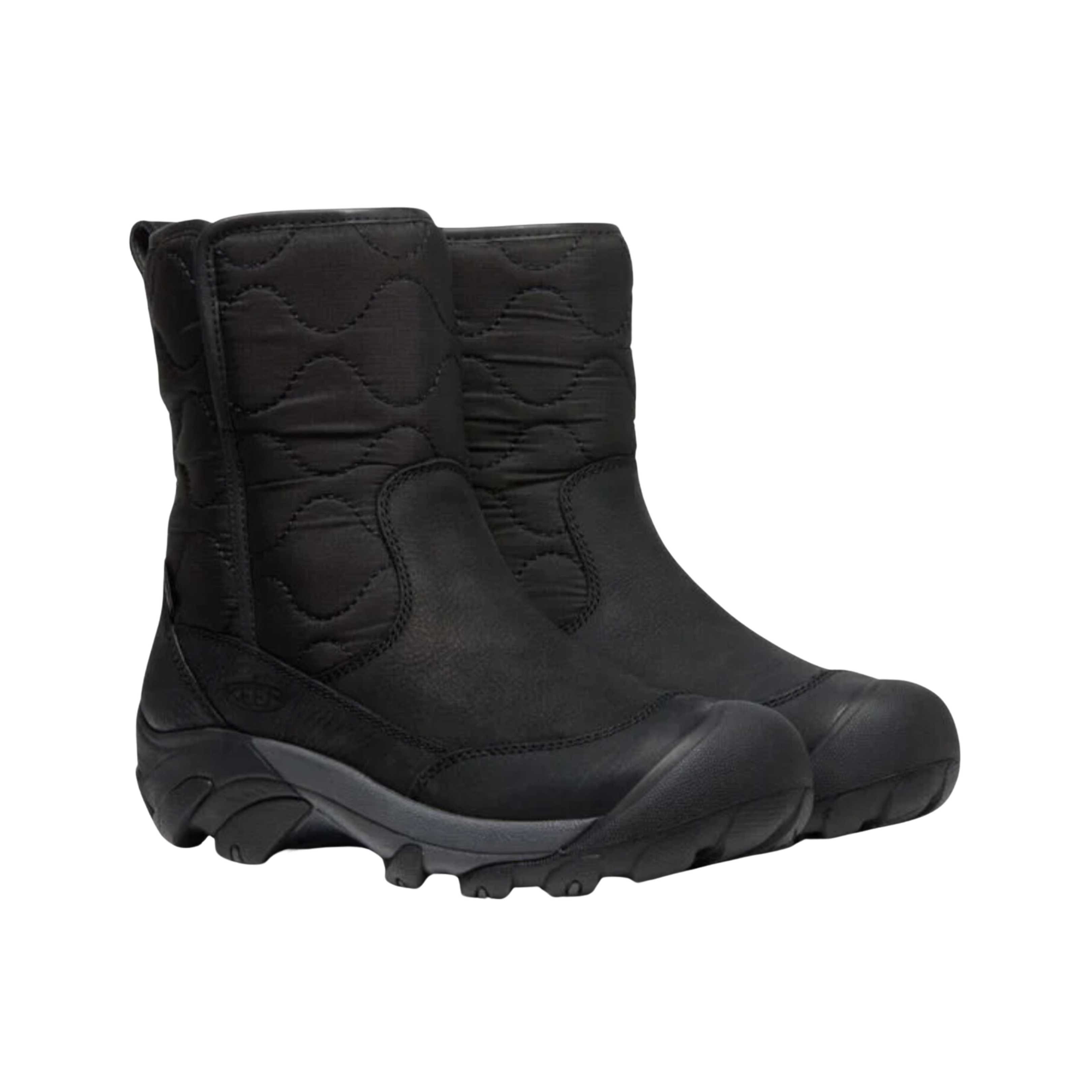 Side view of Women’s Betty Waterproof Pull-On Boot in black – featuring a waterproof leather and textile upper, KEEN.WARM insulation rated to -25°F for cold-weather warmth, and pull-on design with elastic side panels for easy on/off.
