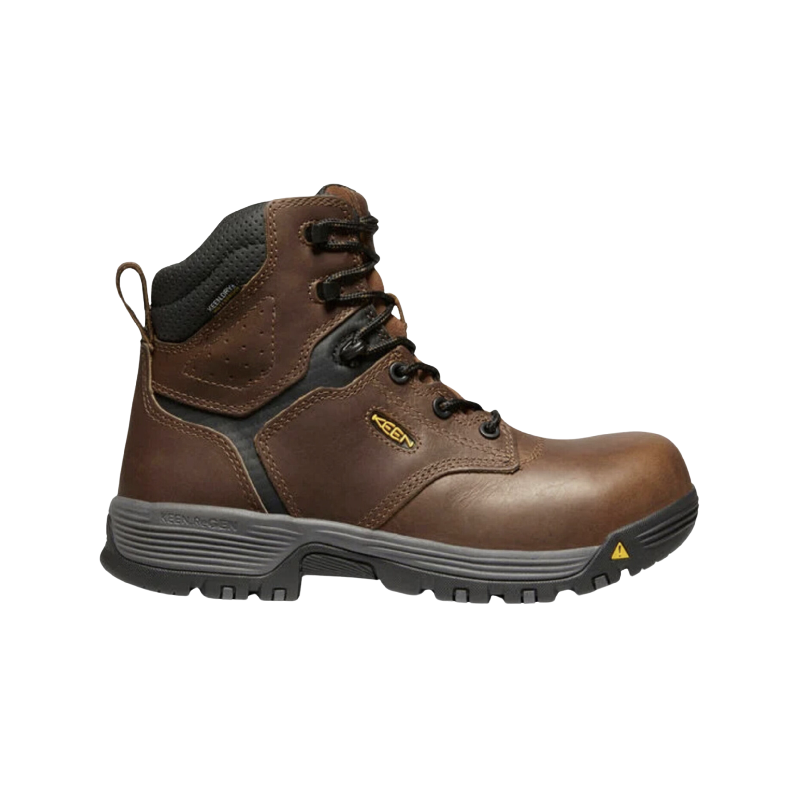 Side View of Women’s Keen Chicago 6-inch Waterproof work boot in tobacco and black – featuring a carbon-fiber safety toe, KEEN.DRY waterproof membrane, air-infused KEEN.ReGEN midsole for energy return, and oil- and slip-resistant outsole for dependable workplace protection.