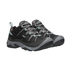 Side view of Women’s Circadia Low Waterproof hiking shoe in black and cloud blue – featuring a waterproof nubuck leather and mesh upper for weather protection, cushioned midsole with advanced shock absorption to reduce joint strain, and reinforced toe and heel overlays for durability.