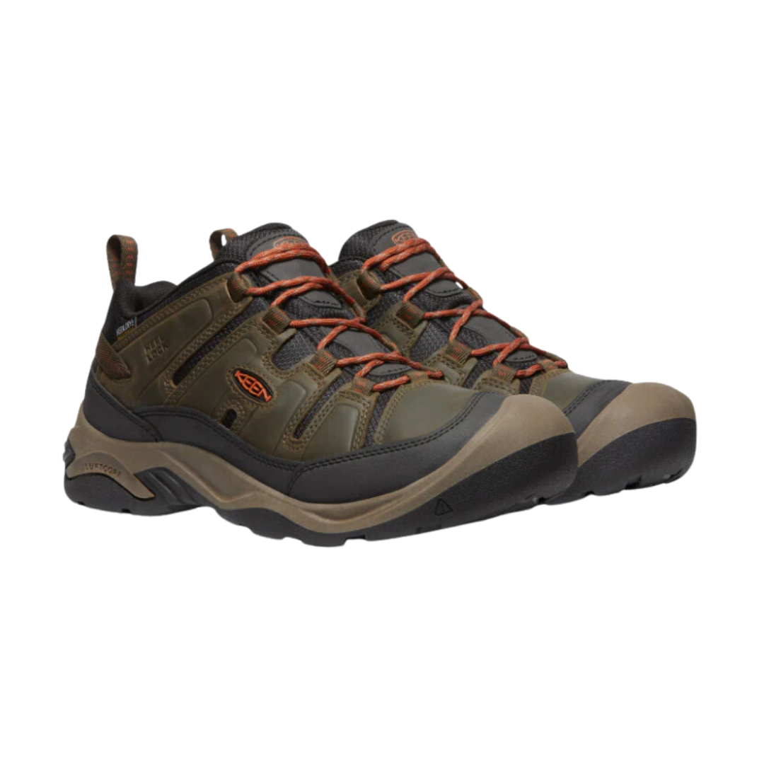 Side view of Men’s Circadia Waterproof in Black Olive/Clay – showcasing waterproof seam-sealed construction, cushioned midsole, and durable materials designed for outdoor exploration and hiking comfort.