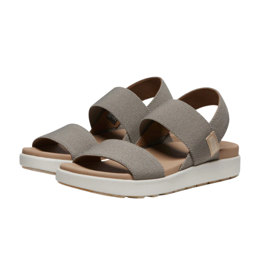 Side view of Women’s Elle Backstrap sandal in brindle and birch – featuring stretch gore straps for flexible fit, adjustable hook-and-loop backstrap for secure wear, and lightweight EVA midsole for cushioned comfort.
