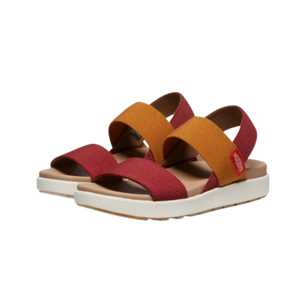 Side view of Women’s Elle Backstrap sandal in merlot and birch – featuring stretch gore straps for a flexible fit, adjustable hook-and-loop backstrap for secure wear, and lightweight EVA midsole for cushioned comfort.