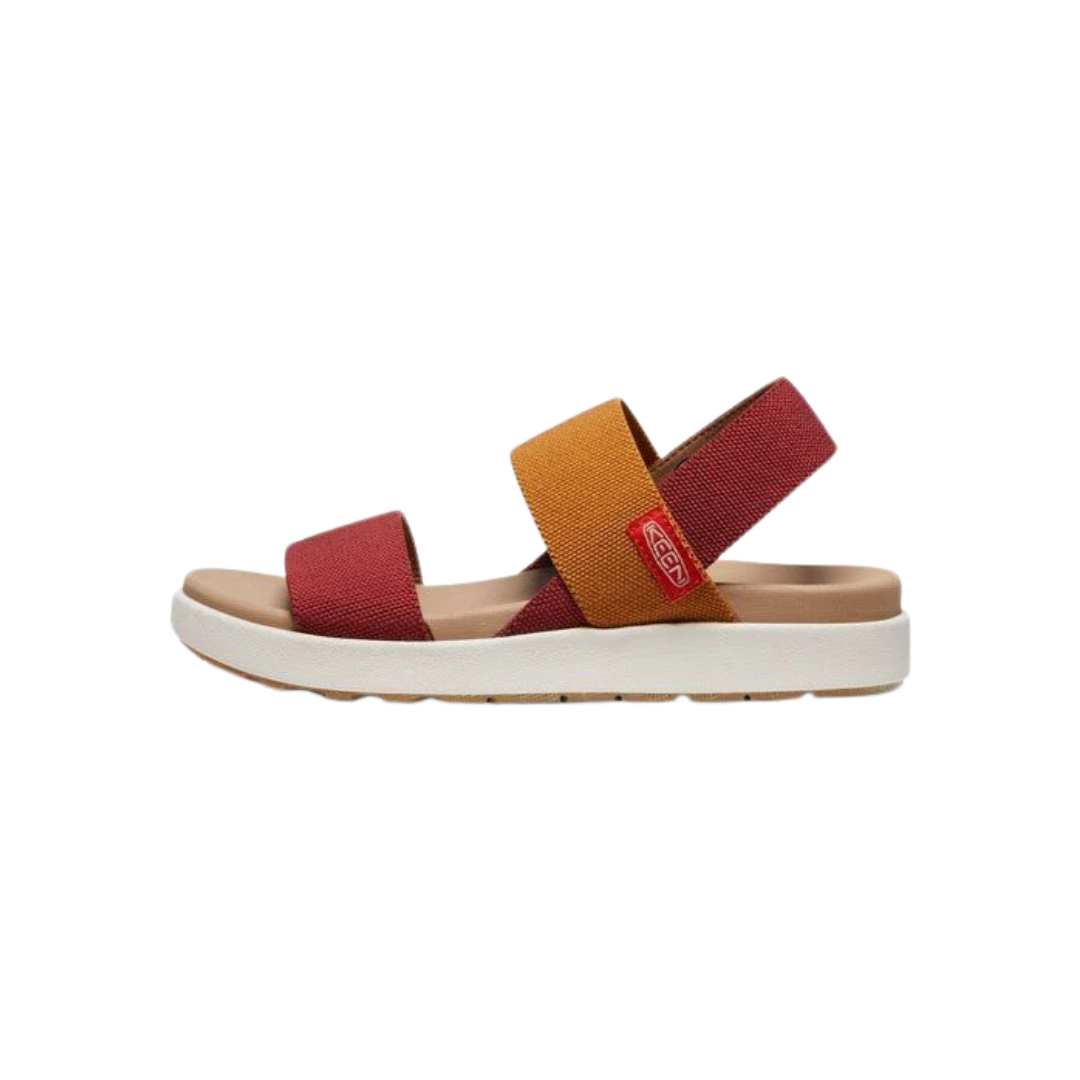 Side view of Women’s Elle Backstrap sandal in merlot and birch – featuring stretch gore straps for a flexible fit, adjustable hook-and-loop backstrap for secure wear, and lightweight EVA midsole for cushioned comfort.