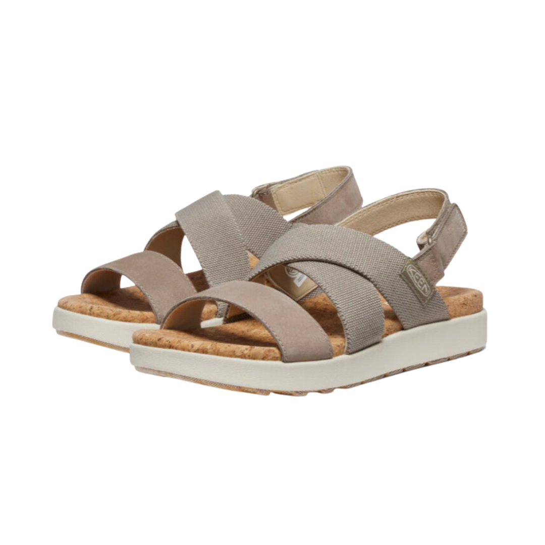 Side view of Women’s Elle Criss Cross sandal in brindle and birch – featuring crisscross elastic straps for flexible fit, cushioned EVA midsole for lightweight comfort, and adjustable hook-and-loop backstrap for secure wear.