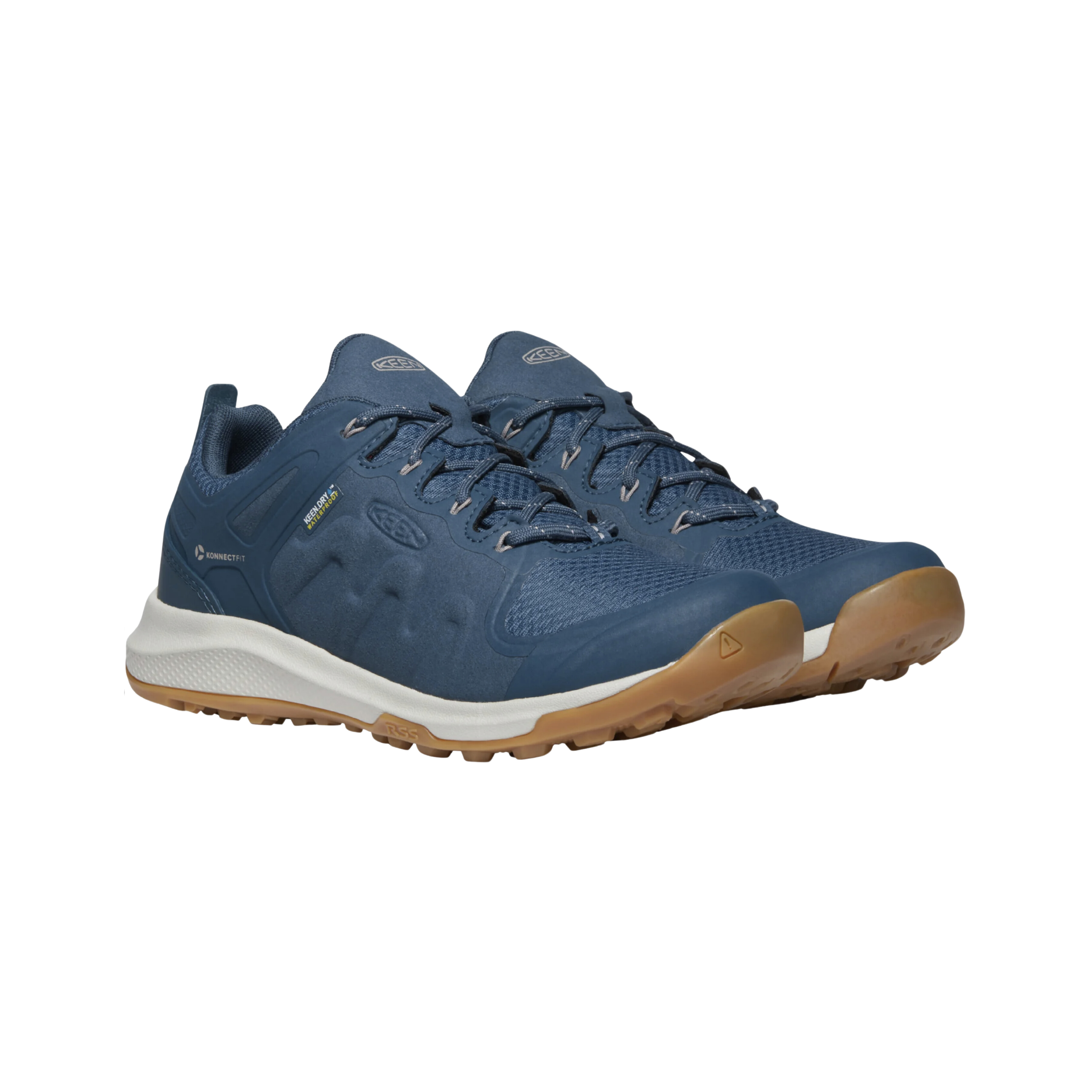 Side view of Women’s Explore Waterproof Hiking Shoe in majolica blue and satellite – featuring a KEEN.DRY waterproof membrane to keep feet dry, durable synthetic and mesh upper for support, and cushioned midsole for all-day trail comfort.