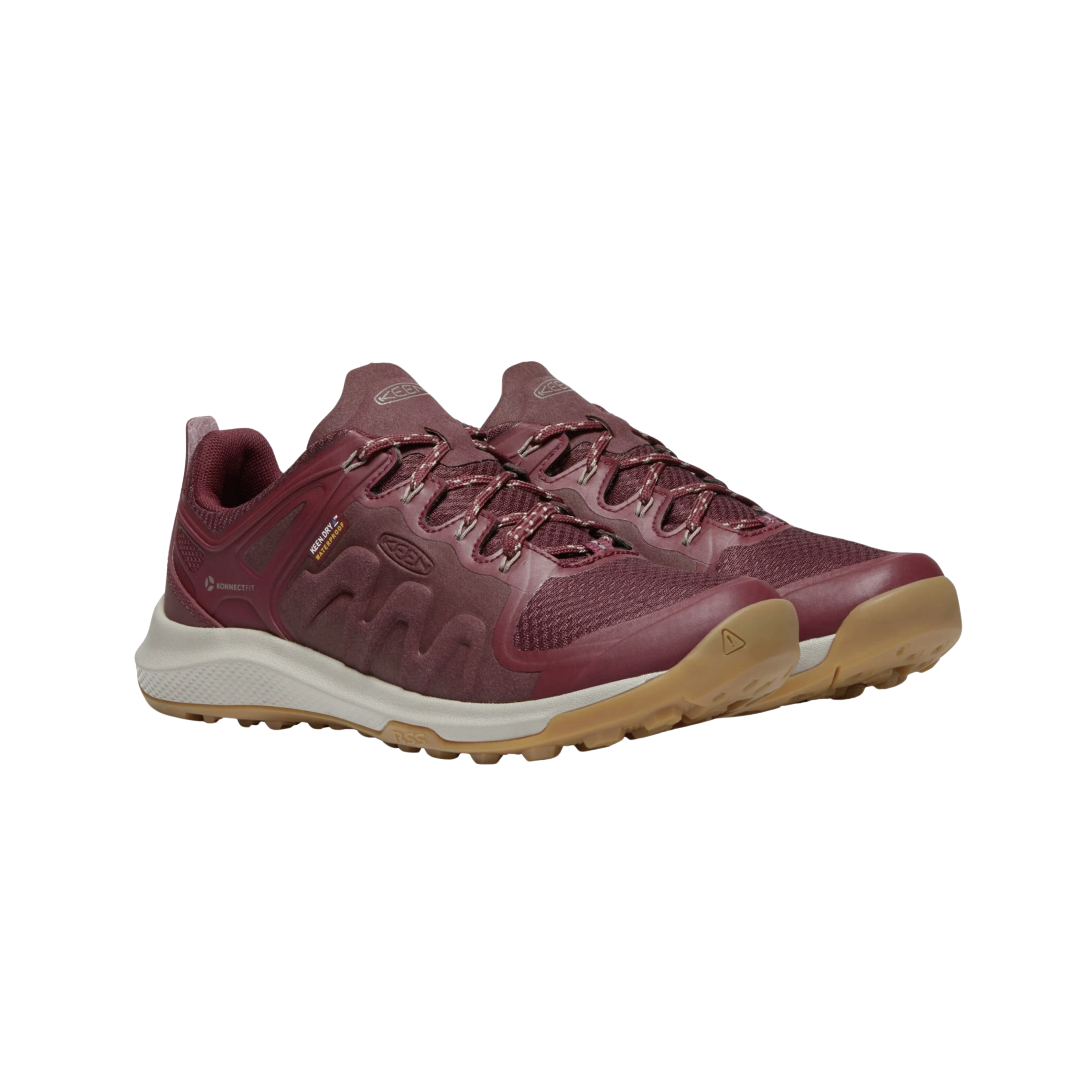 Side view of Women’s Explore Waterproof Hiking Shoe in tawny port and satellite – featuring a KEEN.DRY waterproof breathable membrane to keep feet dry, durable synthetic and mesh upper for lightweight support, and cushioned midsole for all-day comfort on the trail.